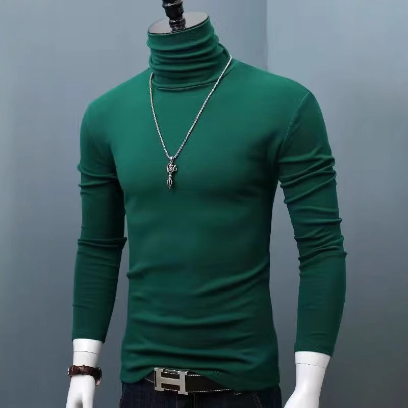 High-Neck Long-Sleeve Men's Base Layer Slim-Fit T-Shirt, Simple Solid Color, Large Size, Warm Autumn and Winter Top, Trendy Brand