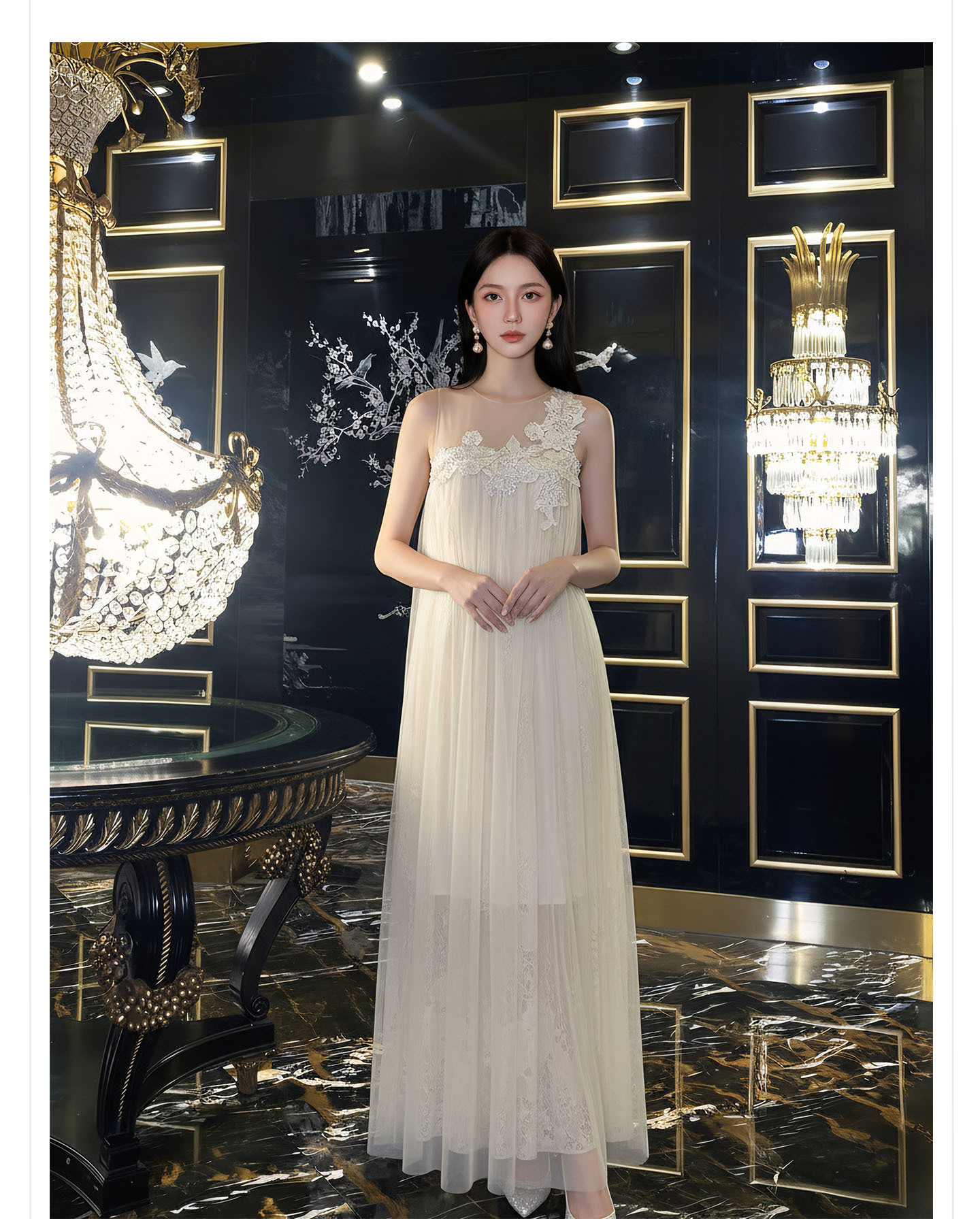 Đầm maxi nữ thắt eo ren hoa nổi lãng mạn phong cách nghỉ dưỡng — màu trắng ngà chi tiết 8