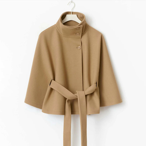European and American women's clothing autumn and winter new style Amazon cross-border fashion solid color cape standing collar button belt windbreaker outer