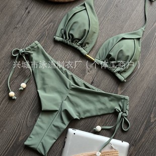 2025 European and American New Bikini Amazon Aliexpress Cross-Border Pure Color Swimsuit Beach Sexy Ladies Strappy Outfit