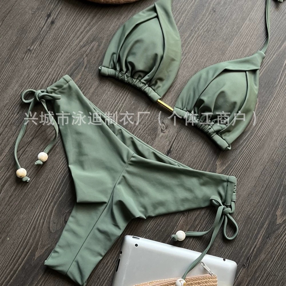 2025 Европейский и американский новый бикини Amazon AliExpress кросс-граничный однотонный купальник пляжный сексуальный женский комплект с бретелями