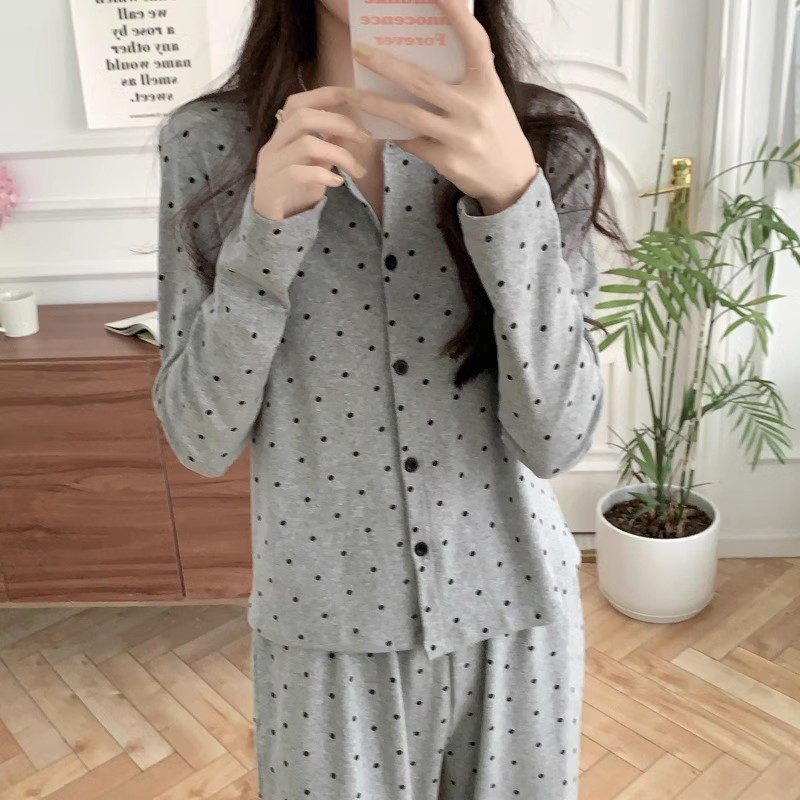 파자마 여성 가을 긴팔 바지 한국식 간단한 캐주얼 스포츠 폴리 에스터-코튼 홈 옷 봄과 여름을위한 투피스 세트