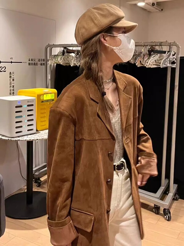 美拉德棕色麂皮绒西装外套女秋季设计感小众宽松休闲复古西服上衣|undefined