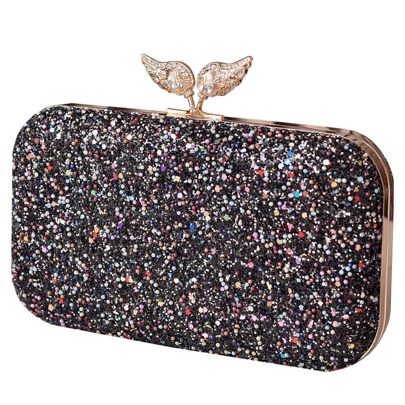 Bolso de cena de lentejuelas de cuentas transfronterizas, bolso de vestido con adornos de diamantes, bolso de cheongsam de diamantes negros, fábrica de origen