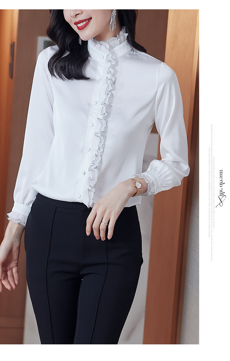 Satin chiffon stand-up collar, black ear-trimmed shirt for women, long-sleeved 2022 new Spring and autumn style, lace pic 18