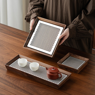 North American Walnut Water Storage Tea Tray High-End Rectangular Aluminum Tray Dry Bubble Tray Tea Small Tea Table Drain Tray