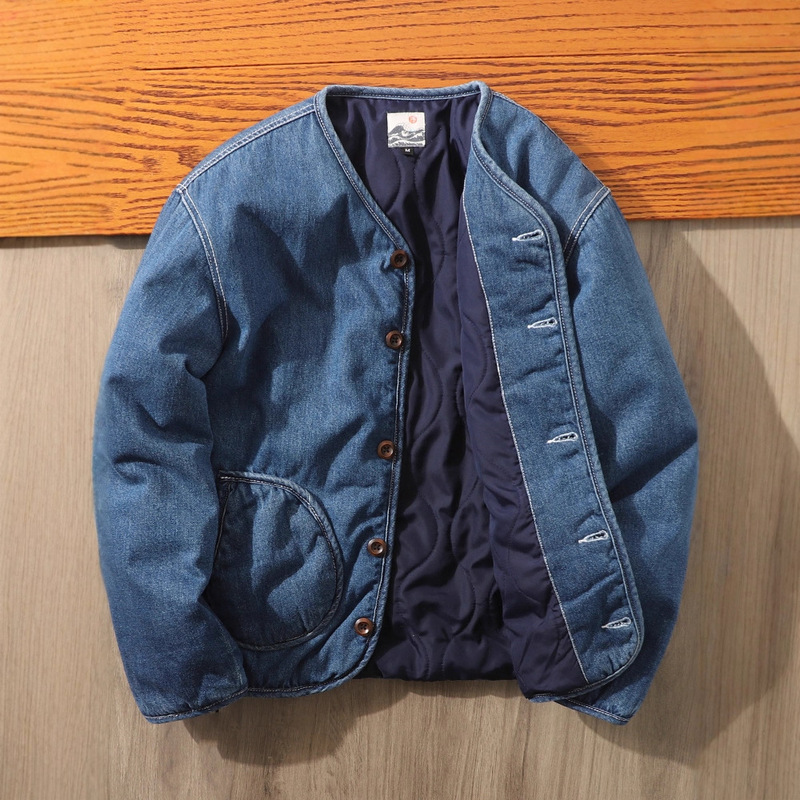Japanese-Style Niche! Autumn and Winter Solid Color Washed Denim Cotton Jacket for Men, Quilted Warm Lapel Collarless Cotton Coat
