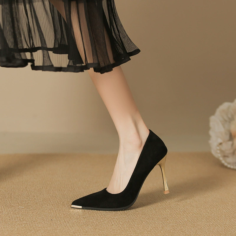 Французский замшевый черный туфли на высоком каблуке женский остроконечный пригородный мелкий темперамент