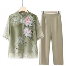 中老年妈妈夏季新款套装高档中式上衣中国风透气老年人女奶奶恤