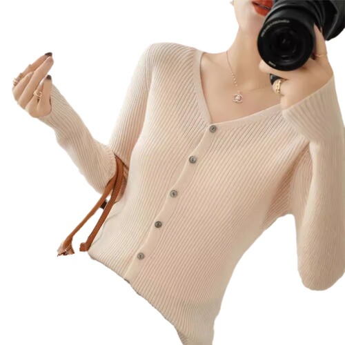 Women's Short V-Neck Cardigan Knit Sweater for Autumn/Winter, Outerwear, Fitted, Drawstring Long-Sleeve Cardigan