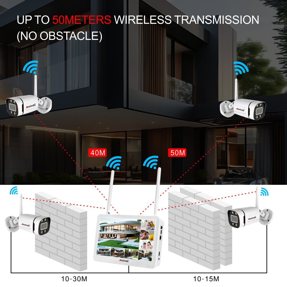 500万高清4路/8路无线WIFI子弹摄像头套装带显示屏户外防水全彩
