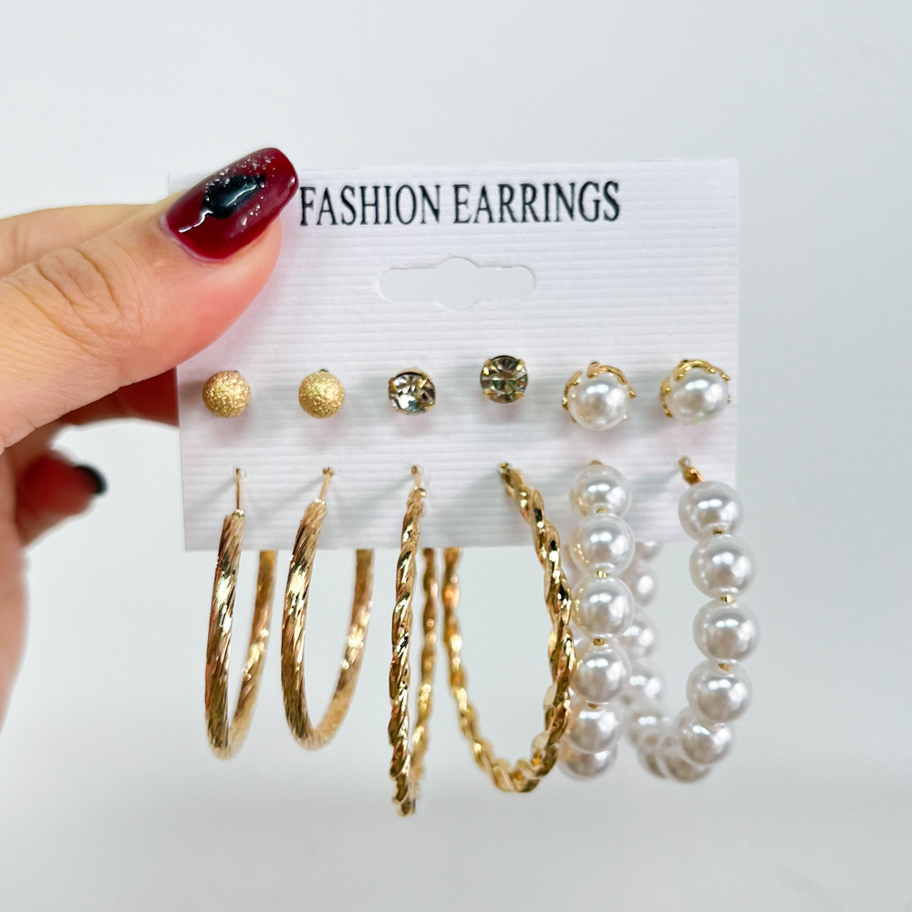 fashion butterfly inlaid pearl alloy geometric hoop earrings six-piece set