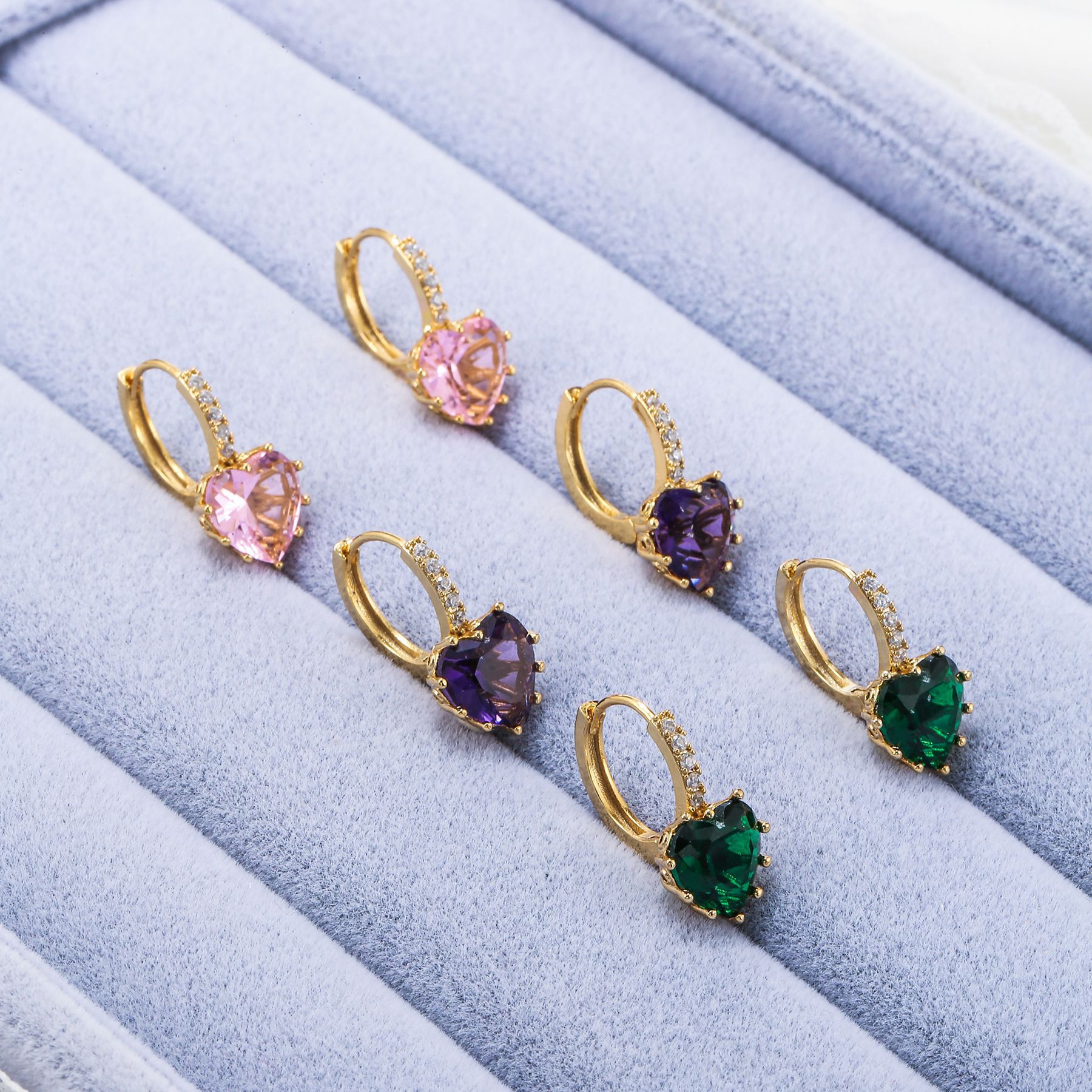 Korean heart color zircon 18K gold color-preserving electroplating copper earrings