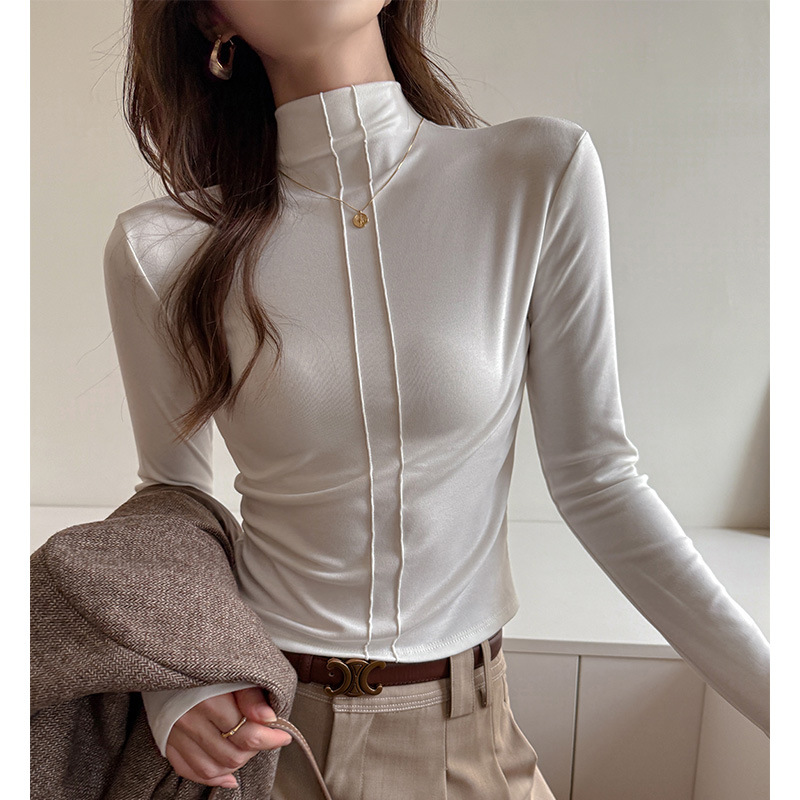 Carefully selected white turtleneck long-sleeved base layer shirt for autumn and winter, women's inner layer with a shoulder design, Tencel fabric, can be worn as an outer layer.