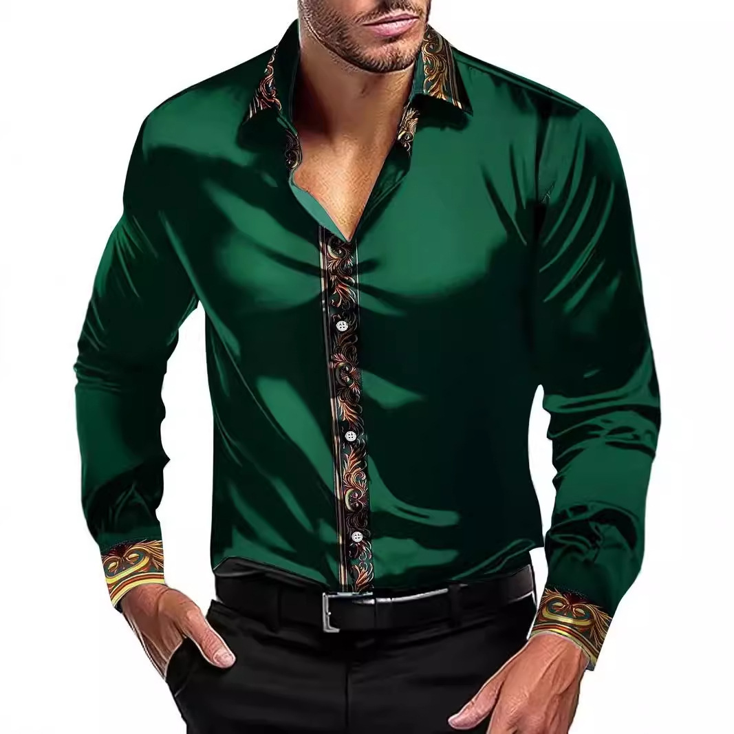 跨境2025新款时尚潮流春秋季长袖纽扣衬衫上衣潮牌男装3D印花