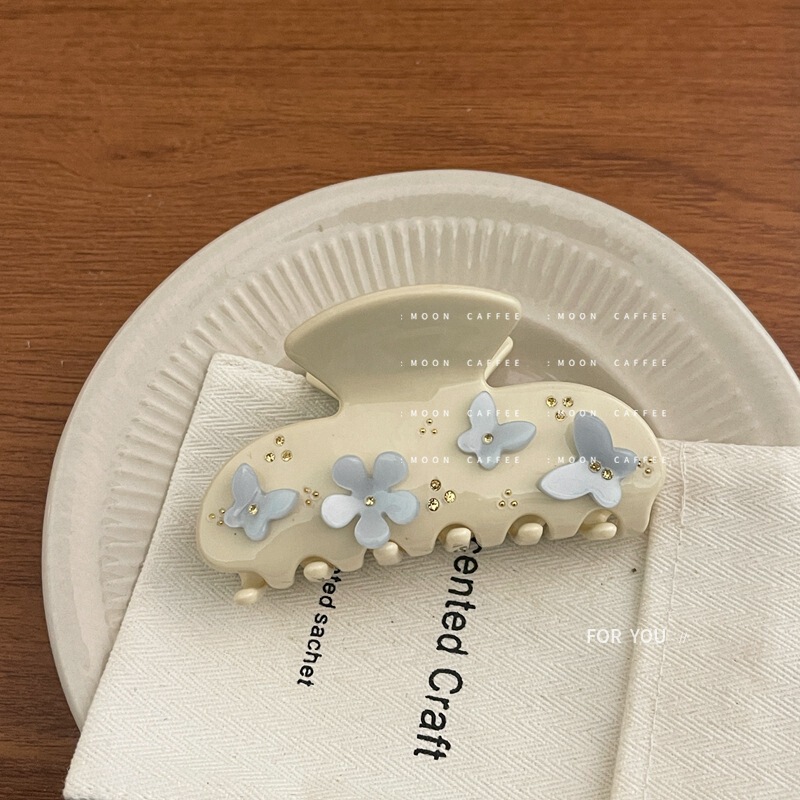 2022 New Blue Butterfly Diamond-Accented Acetate Claw Clip for the Back of the Head, Hairpin, Shark Clip, Hair Accessory Trendy