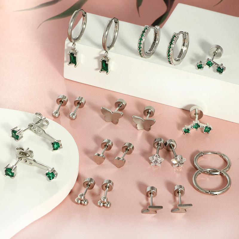 Trendy Real Gold Stainless Steel Electroplated Green Zircon Earrings Set for Women and Men detail image 7