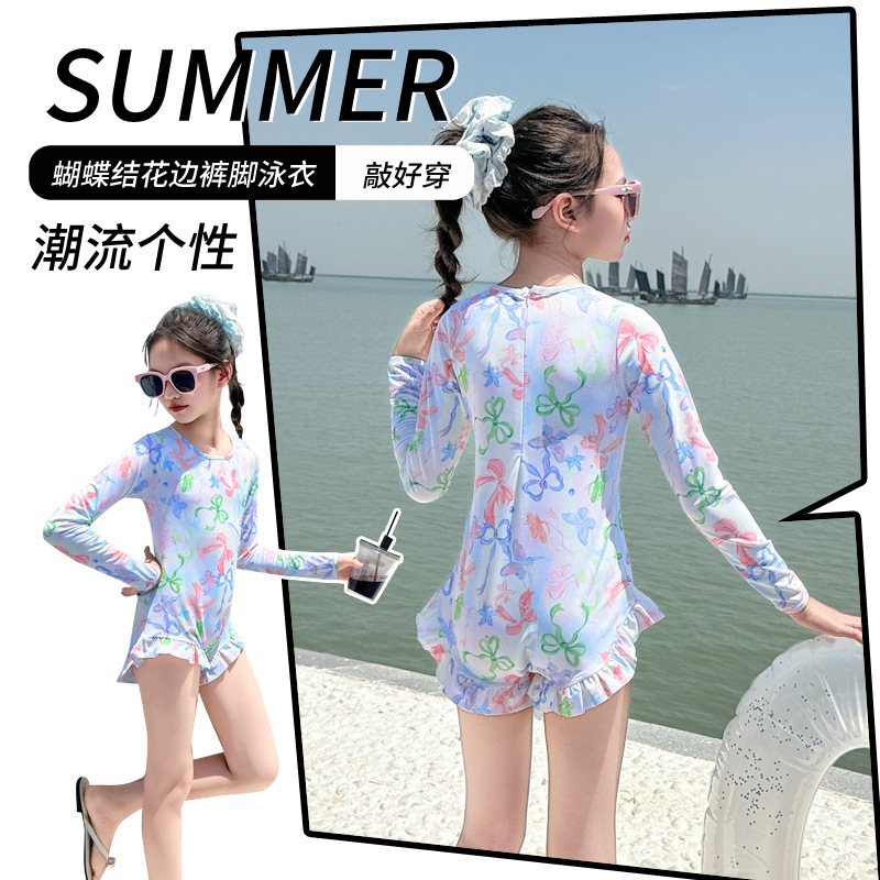 新款甜美2025少女三角连体泳衣女童送帽子性感遮肚温泉度假泳装