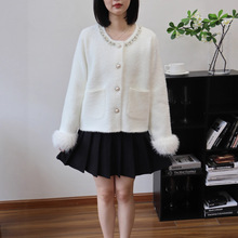 2025秋新款钉珠小香风仿水貂绒针织开衫软糯宽松设计感毛衣外套女