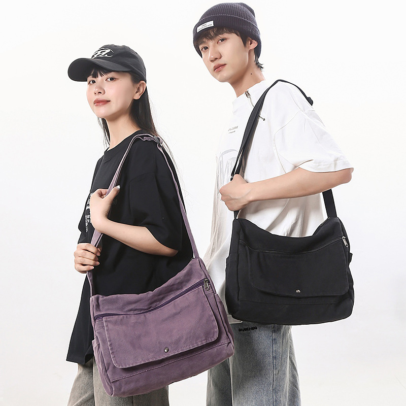 Retro Messenger Bag Washed Canvas Bag For Women 2025 New Arrival Academy Style Shoulder Bag For College Students Crossbody Bag For Men - Thumbnail 3