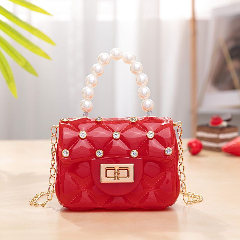 Mini bolso de cadena estilo perlas y rombos, diseño pequeño y de gelatina – bandolera de moda 2021, venta exterior.