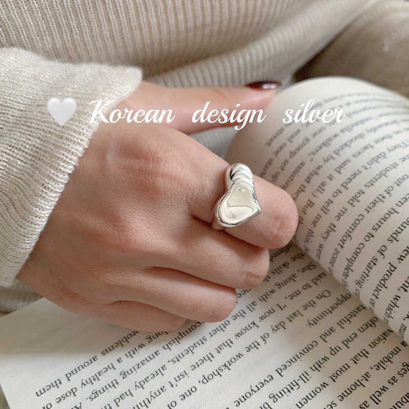 韓國重工亮面銀飾品 S925純銀愛心形開口可調節戒指 疊戴指環女