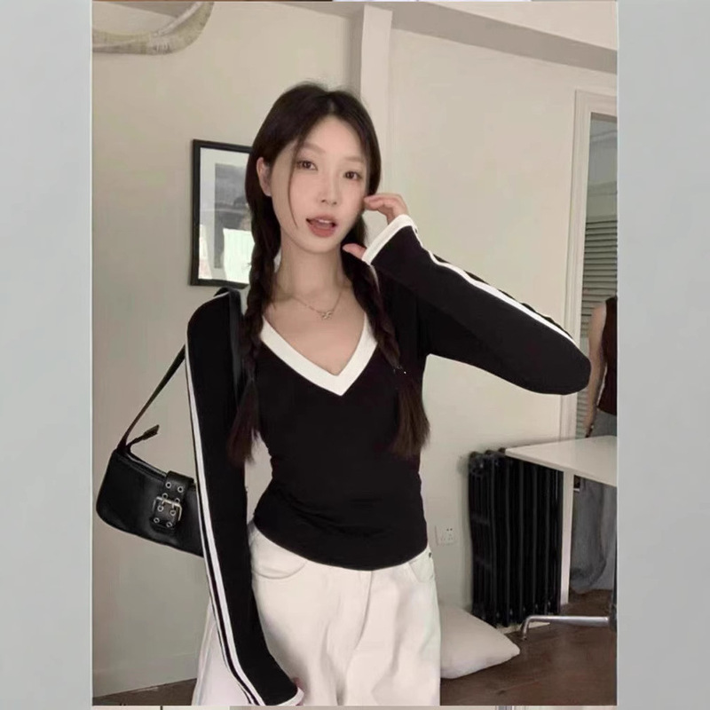 クロスボーダークローバー右肩Vネックストライプ長袖Tシャツレディース春秋スリムフィット甘いファッションショートトップ|undefined