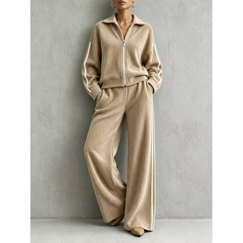 Cross-border European and American women's autumn and winter corduroy casual set, featuring a collared zip-up jacket and high-waisted wide-leg pants, a two-piece outfit