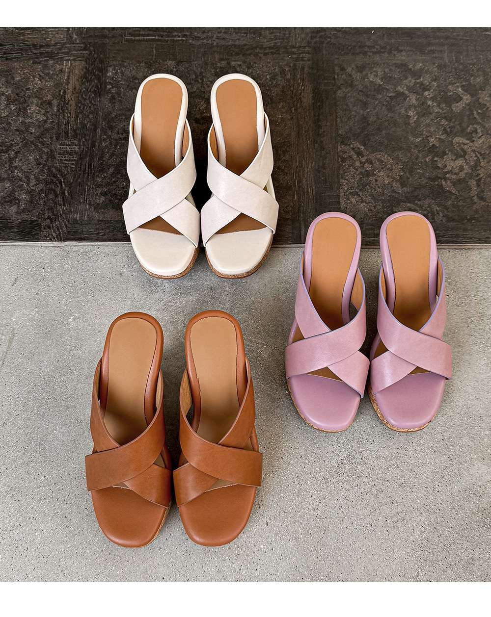 Sandal cao gót nữ quai chéo hở mũi đế xuồng tăng chiều cao — màu nâu, Hồng tím, màu trắng ngà chi tiết 17