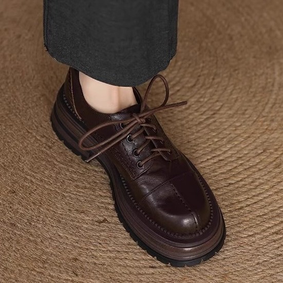 In-stock 022 Soft Leather Thick-soled Lace-up Women's Retro Commuter Loafers 2025 Spring/autumn Round-toe British Style_vogvips.com