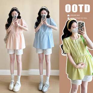 Real-life All-match Pregnant Women's Belly Covering Top Summer Short-sleeved Thin Loose Shirt Shorts suit Summer