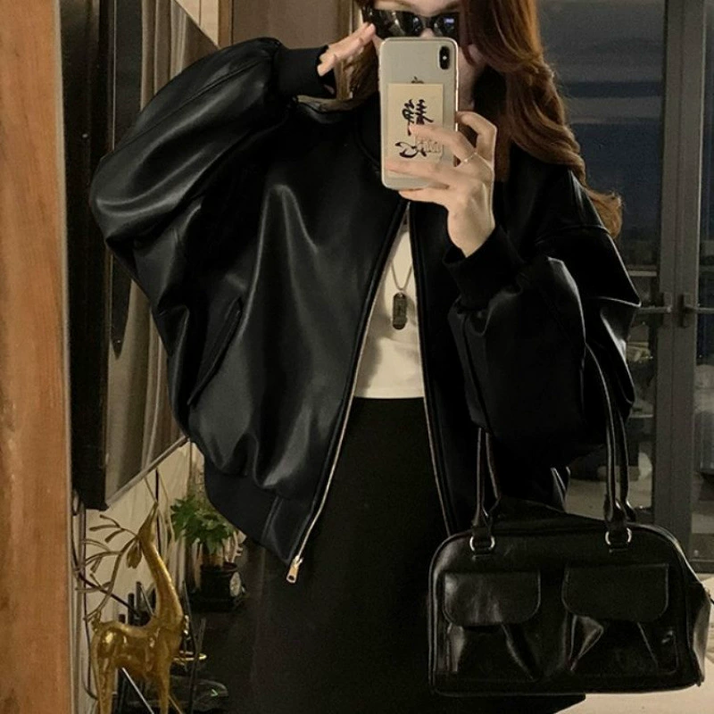 Повседневная кожаная куртка больших размеров в стиле ретро с длинными рукавами для женщин, весенняя черная мотоциклетная куртка, утягивающий топ для похудения