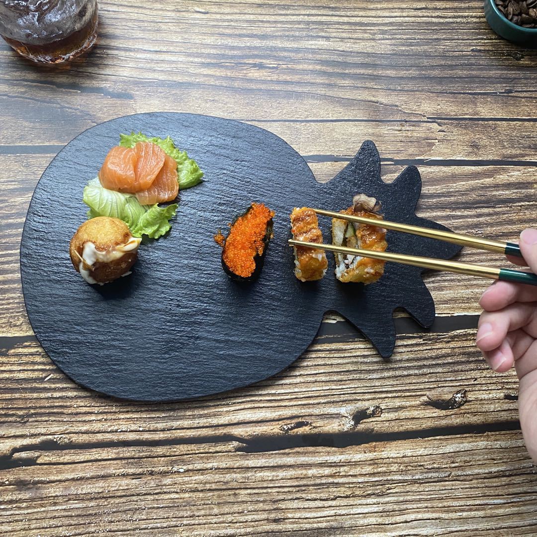Forma de piña de estilo japonés Placa de roca negra restaurante occidental postre sushi placa Placa de pizarra natural placa plana