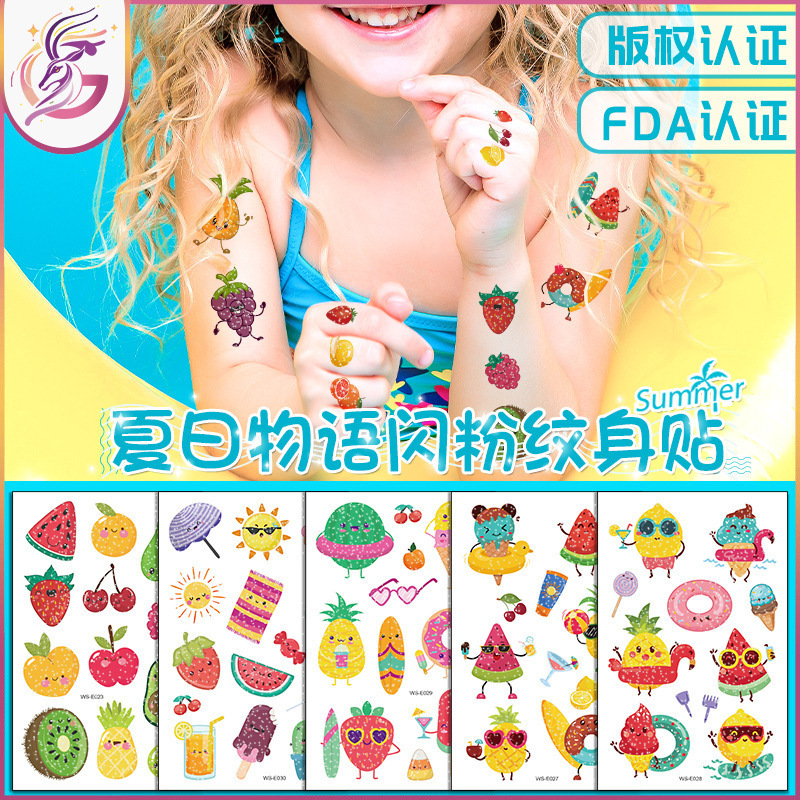 Glitter Kidsren's Tattoo Stickers New Waterproof and Sweat Summer Story Vegetable and Fruit Cartoon Temporary Tattoo Stickers Hot Stamping