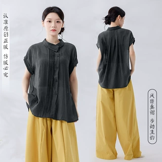 舞蹈生新中式风琴褶舞蹈衬衣女斜领宽松薄款肌理短袖现代舞练功服