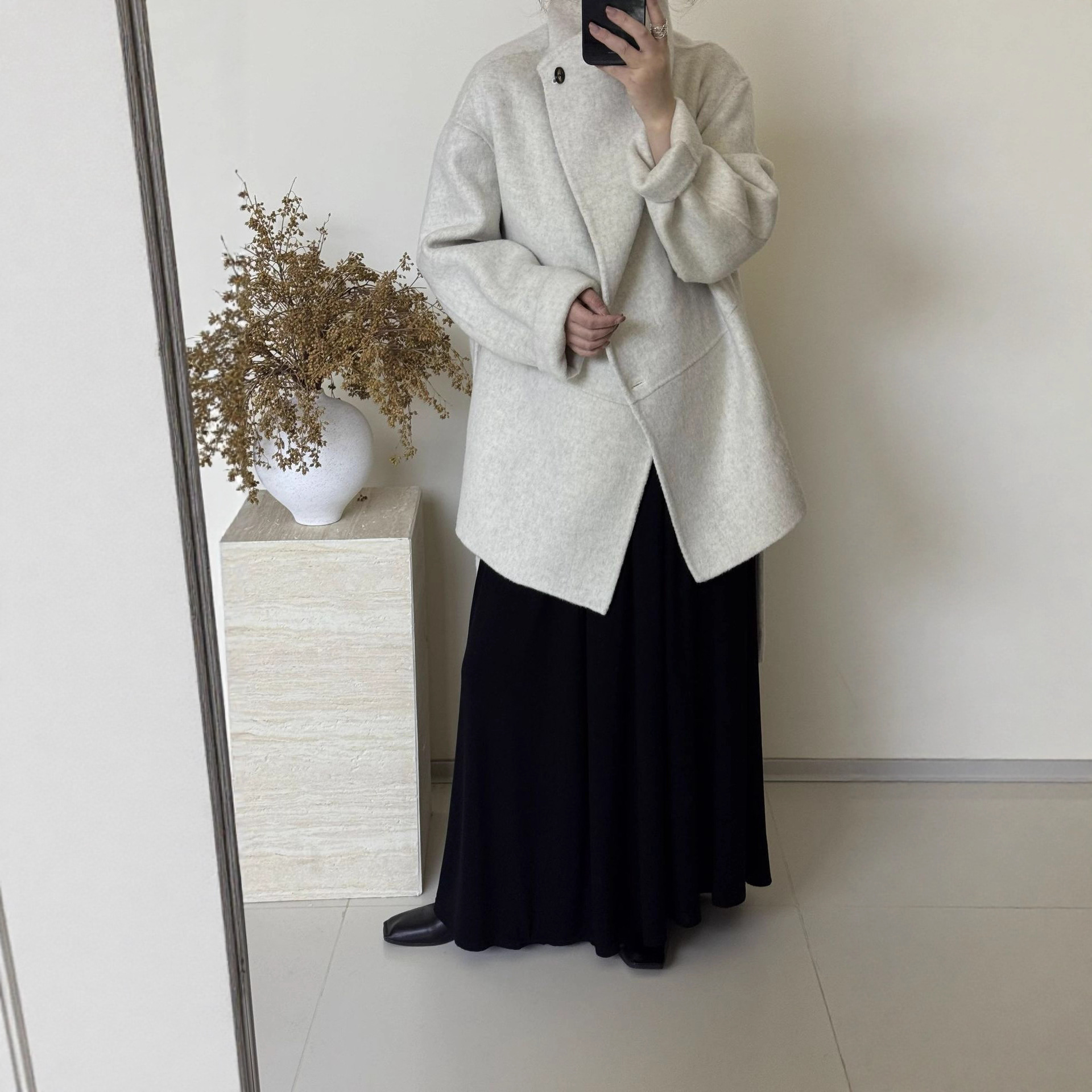 Korean-Style Elegant Double-Sided Wool Coat for Women, Winter, Petite Size, Stand-Up Collar, with Belt, Loose Woolen Coat, Mid-Length