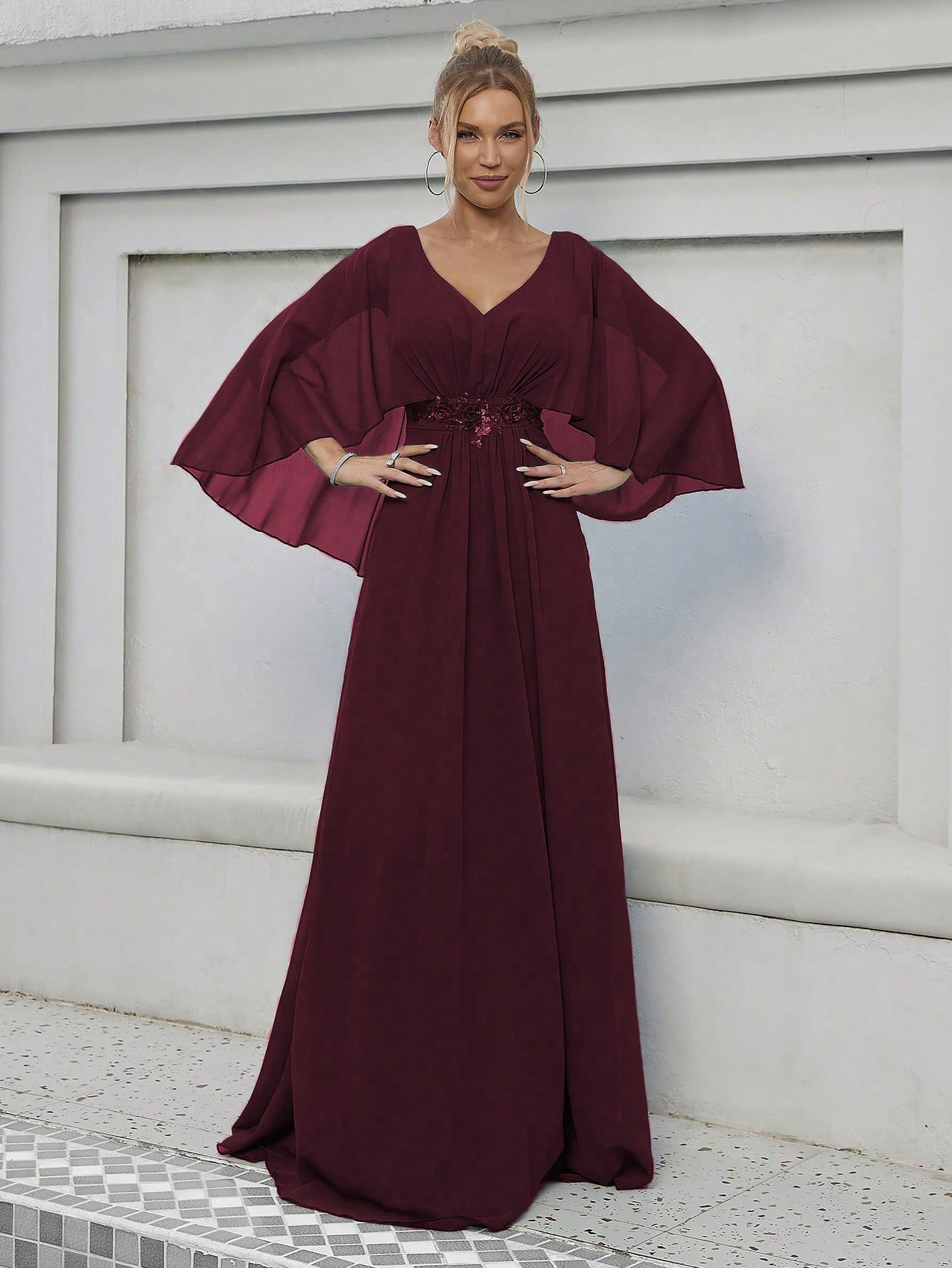 Vestido de Noche con Lentejuelas de Poliéster con Mangas Acampanadas para Fiestas