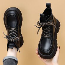 真软皮厚底加绒春夏马丁靴女春季新款英伦风增高单靴黑色短靴
