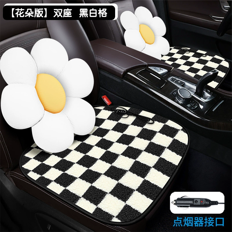Heated car seat cushion, flowered cartoon design, USB or cigarette‑lighter, single/double sizes