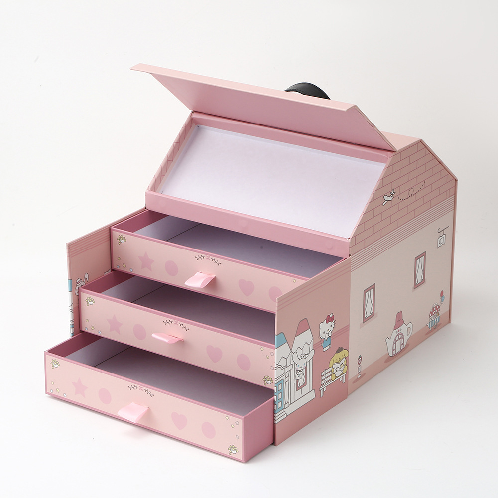 Caja de regalo de doble puerta de dibujos animados Caja de almacenamiento de joyas de chicas Caja de embalaje de regalos Caja de transporte de tres capas Caja al por mayor