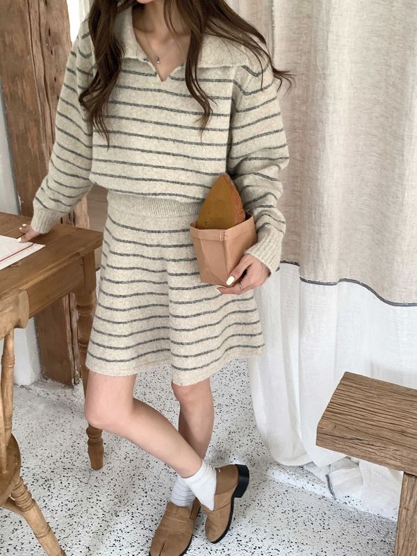 嘉织丨韩版条纹休闲POLO领 +短裙针织 美式休闲运动套装女GT60|undefined