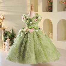 儿童礼服绿色精灵森系花朵生日公主裙女童主持人走秀钢琴演出服春
