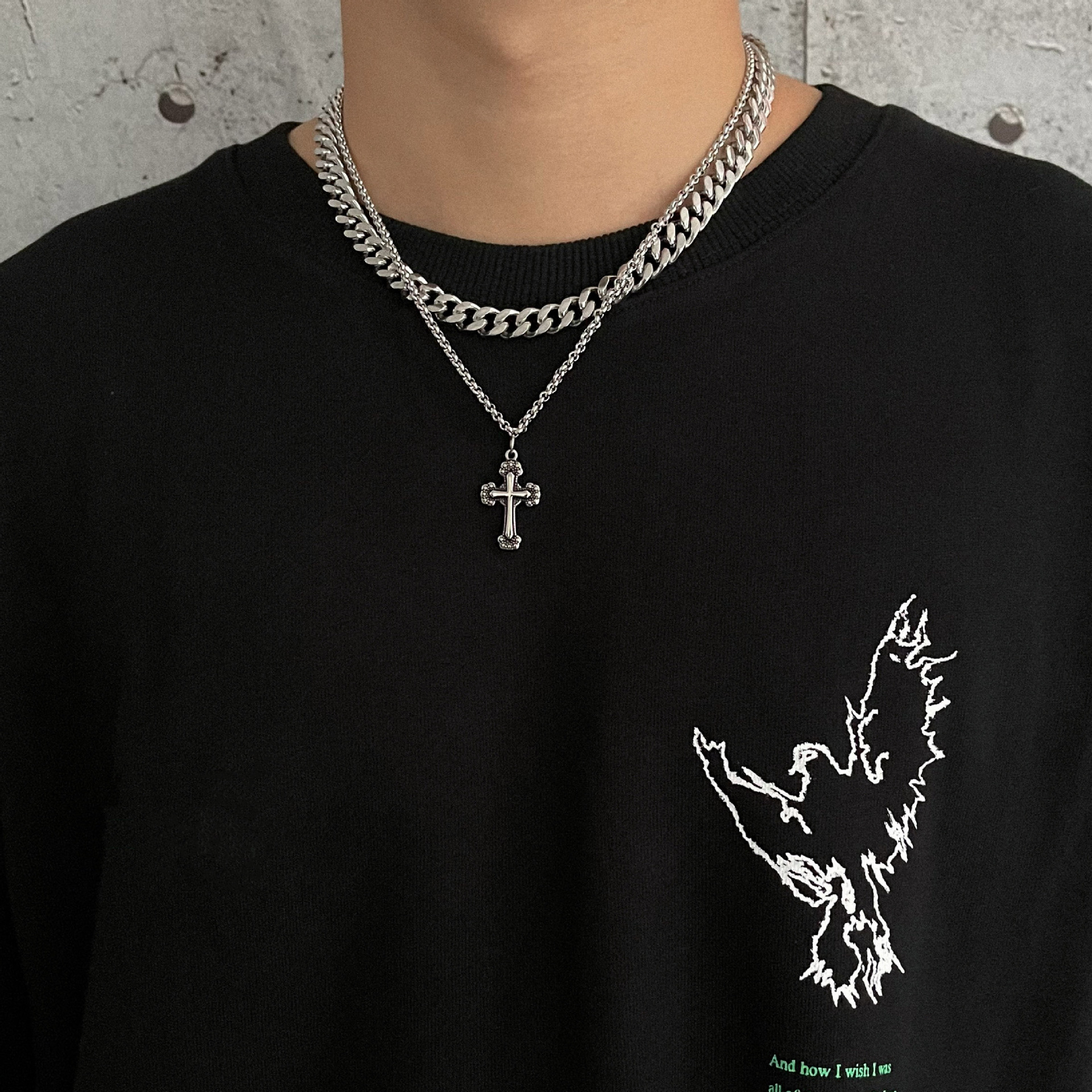 New Hot INS Dark Wind Cross Pendant Hip Hop Personality Double Layer Design Titanium Steel Necklace Men's Chain Sweater_voghion.com