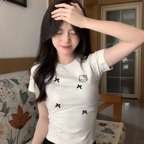 Early Spring American-Style Straight-Shoulder Kitty Cat Print Short-Sleeve T-Shirt for Women, Slim-Fit, Short Design, Unique Top Early Spring American-Style Straight-Shoulder Kitty Cat Print Short-Sleeve T-Shirt for Women, Slim-Fit, Short Design, Unique Top