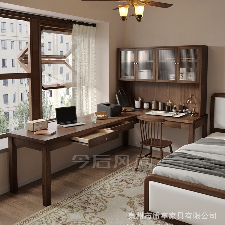 Solid Wood Corner Desk Bookcase Integrated Corner Study Table Retro Large Board Workbench L-Shaped Seven-Shaped Computer Desk L