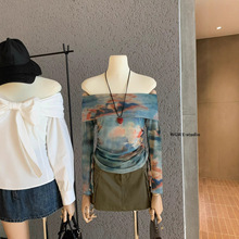 WGWE7080#广州十三行女装2025秋装新款一字肩长袖t恤网纱修身上衣