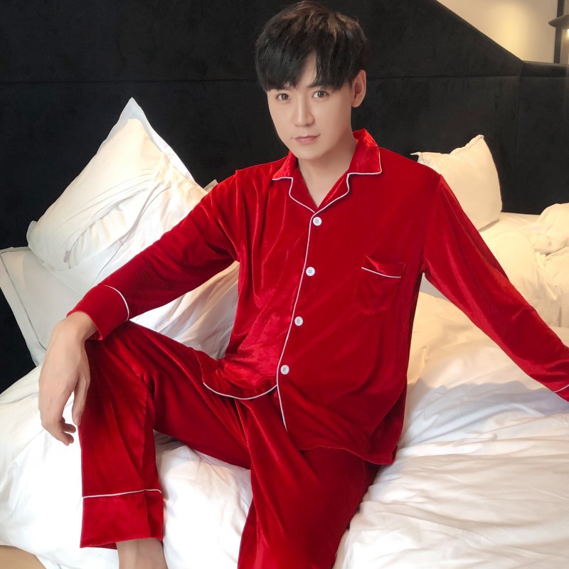 Oro de terciopelo pareja pijamas de las mujeres de estilo coreano de otoño y traje de invierno más tamaño de la boda de manga larga cardigan desgaste del hogar hombres