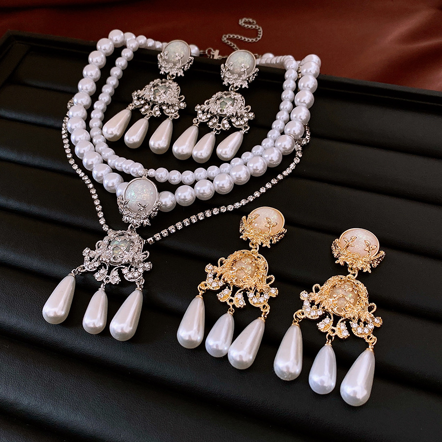 Medieval palace style diamond drop multi-layered pearl necklace