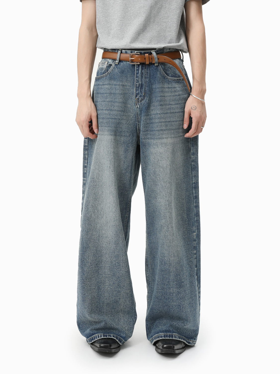 MTLCLOTHES Hombres| Coreano cleanfit recto colgando sensación de piernas anchas con pantalones vaqueros lavados con agua