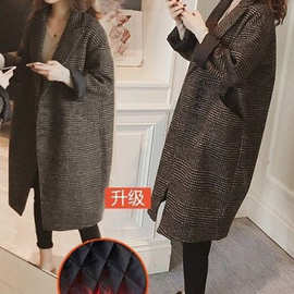 中长款秋冬新新品千鸟格大码毛呢外套女西装领格纹过膝茧型大衣